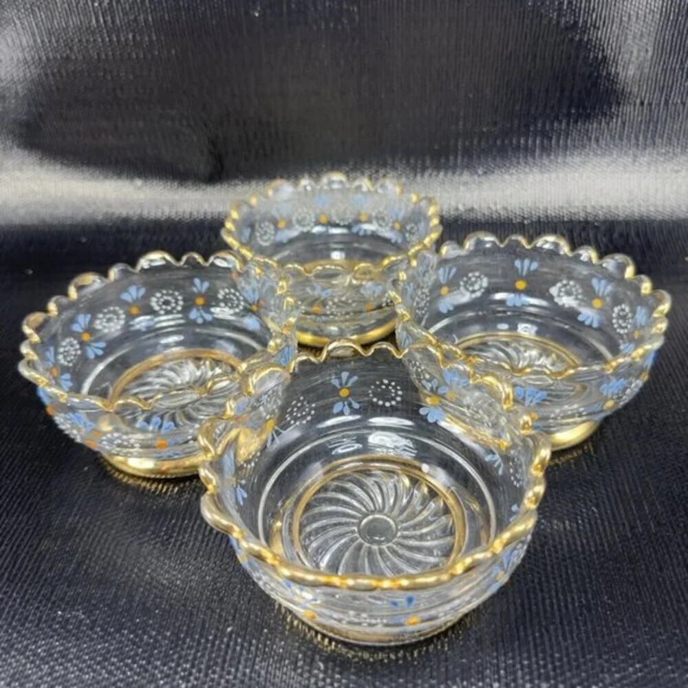 Antique Enameled Paint‎ Glass Bowl Dish Gold Painted Edge Manganese 365nm Set 4